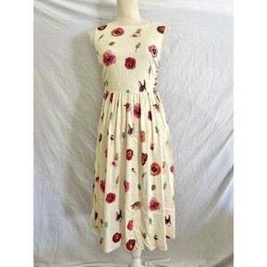 Pepaloves Midi Dress Womens XS Cream Poppy Bunny Linen Blend Lace Up Side XS